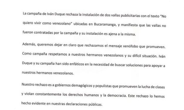 Comunicado a la opinión pública de Ivan Duque
