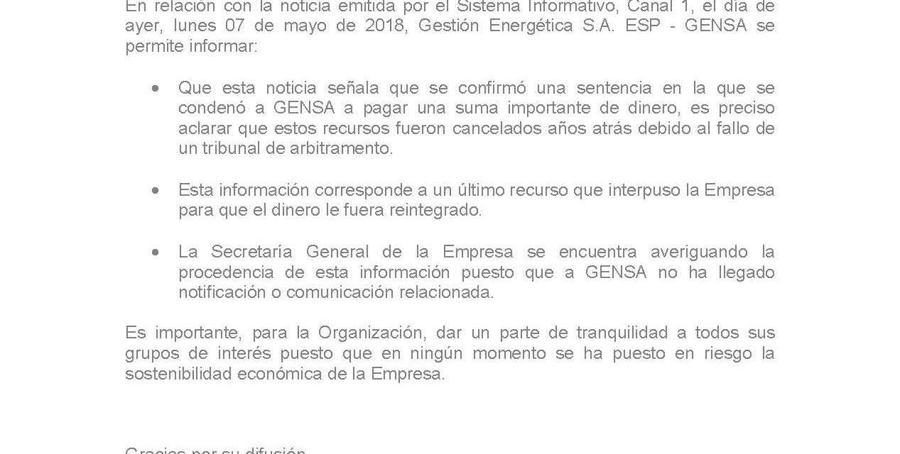 GENSA RECTIFICA INFORMACIÓN