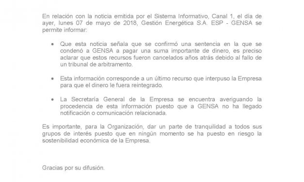 GENSA RECTIFICA INFORMACIÓN