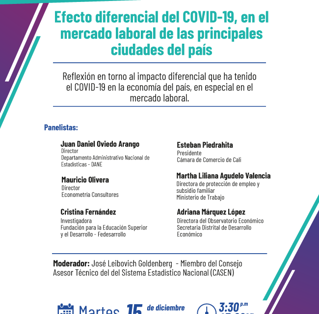 Invitación al webinar «Efecto diferencial del COVID-19 en el mercado laboral de las principales ciudades del país» martes 15 de diciembre 3:30 pm