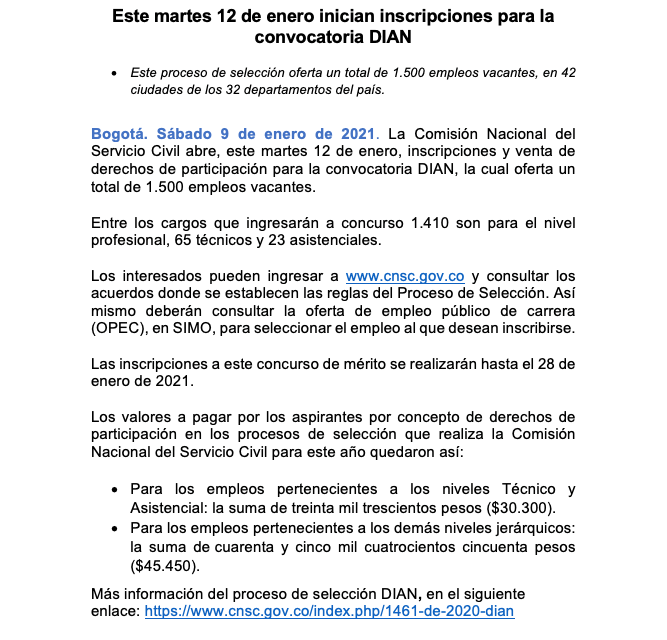 Este martes 12 de enero inician inscripciones para la convocatoria DIAN