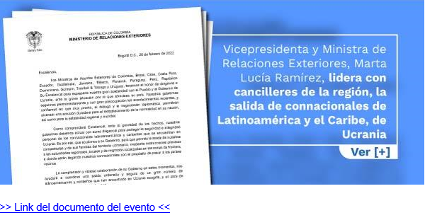 Vicepresidenta y Ministra de Relaciones Exteriores, Marta Lucía Ramírez, lidera con cancilleres de la región, la salida de connacionales de Latinoamérica y el Caribe, de Ucrania