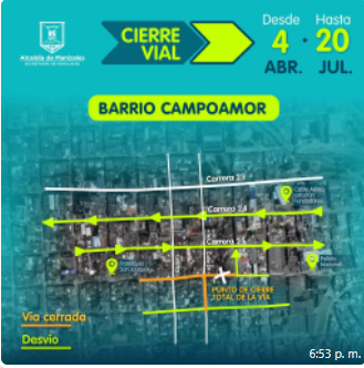Lunes 4 de abril iniciará un cierre vial en el barrio Campoamor, en la carrera 26 entre calles 28 y 29 en Manizales